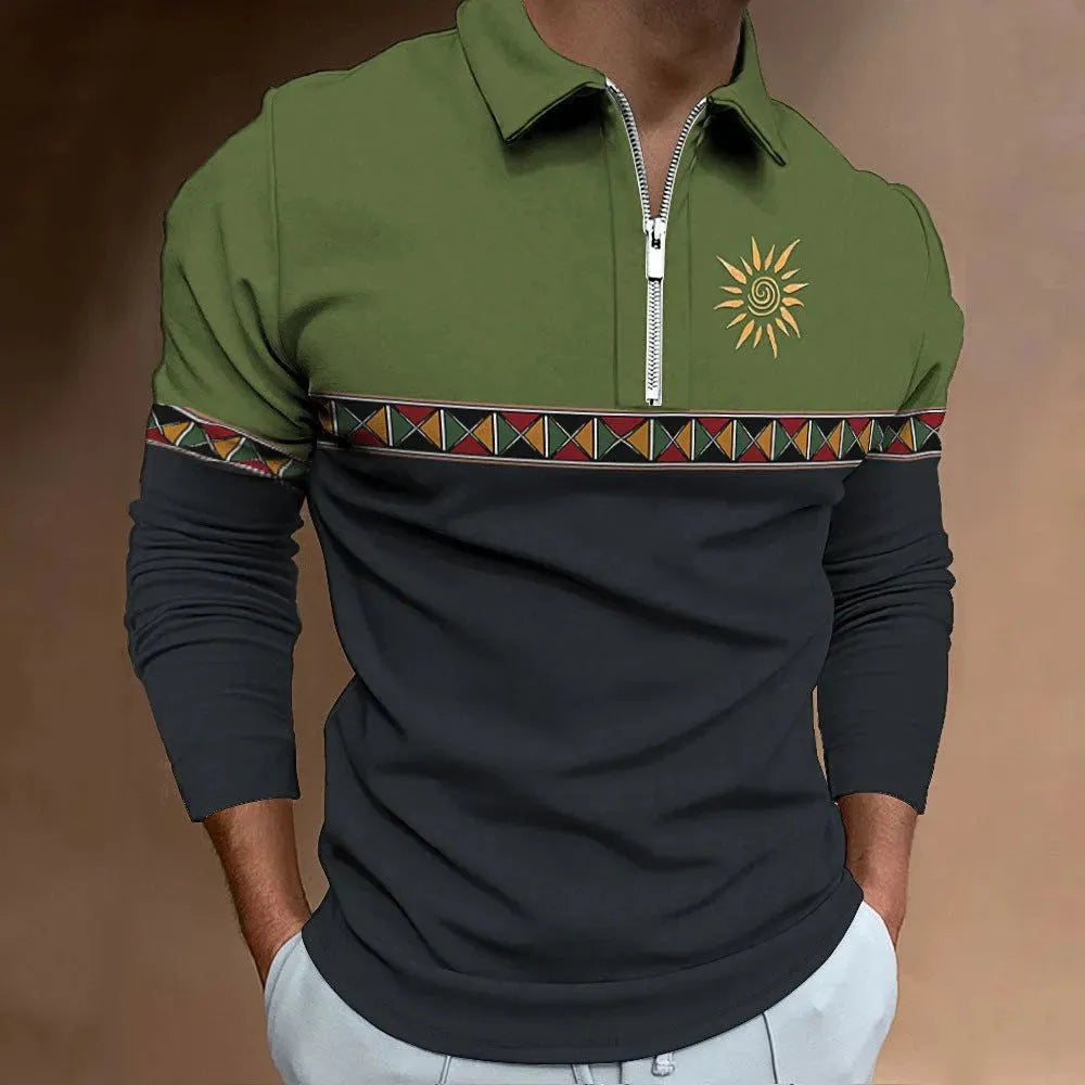 Men's loose-fit long-sleeve polyester t-shirt with stripe pattern and zipper decorations in multiple colour options