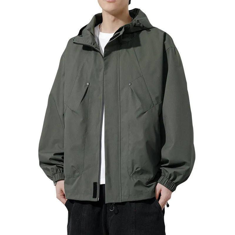Men's plus size hooded casual coat in khaki, black, grey green or apricot, sizes M to 8XL, polyester lining