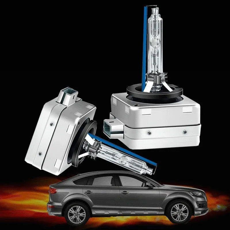 Xenon automotive lens lamp with aluminium alloy shell and quartz tube, showing D1S/D1R specifications for vehicle lighting systems