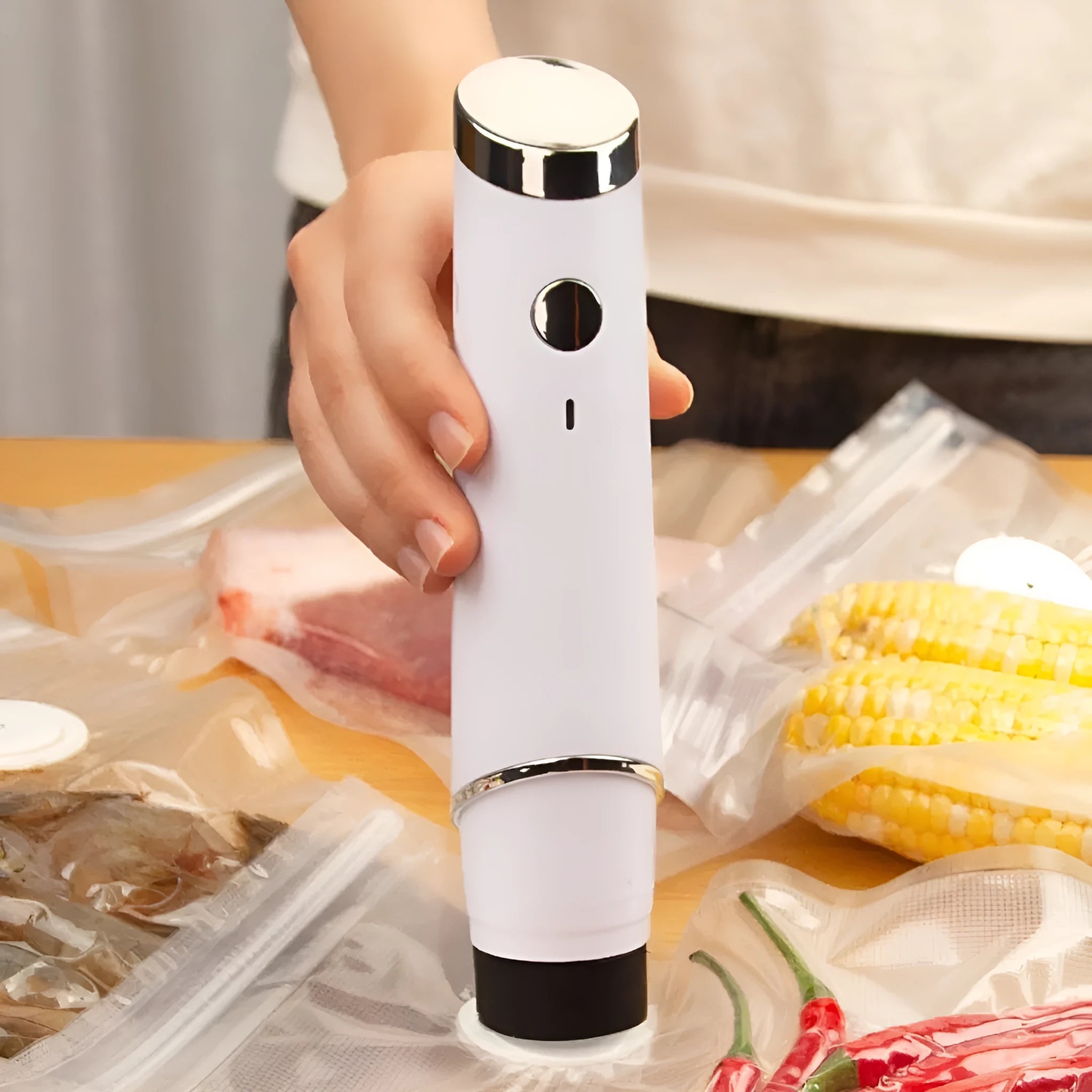 USB vacuum food saver kit with white electric pump and five plastic storage bags