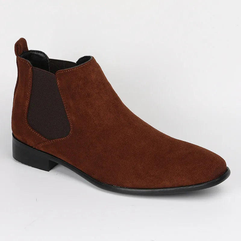 Men's square toe short boots in beige, black or brown, faux leather upper with wedge heel and PVC sole, sizes 40-50