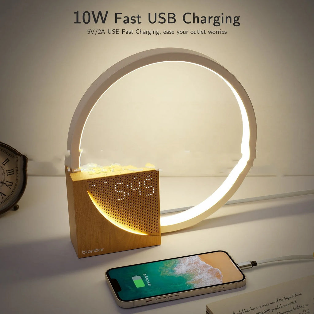 Touch control bedside lamp with alarm clock and natural sounds in navy blue finish