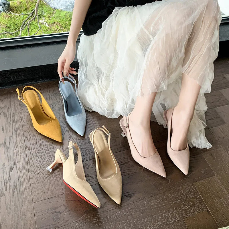 Women's pointed toe stiletto heels in suede with microfiber lining, available in four spring colours