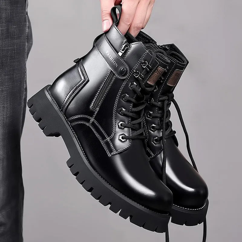 Men's light brown high-top Martin boots with side zipper, round toe, and thick rubber sole.