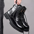 Men's light brown high-top Martin boots with side zipper, round toe, and thick rubber sole.