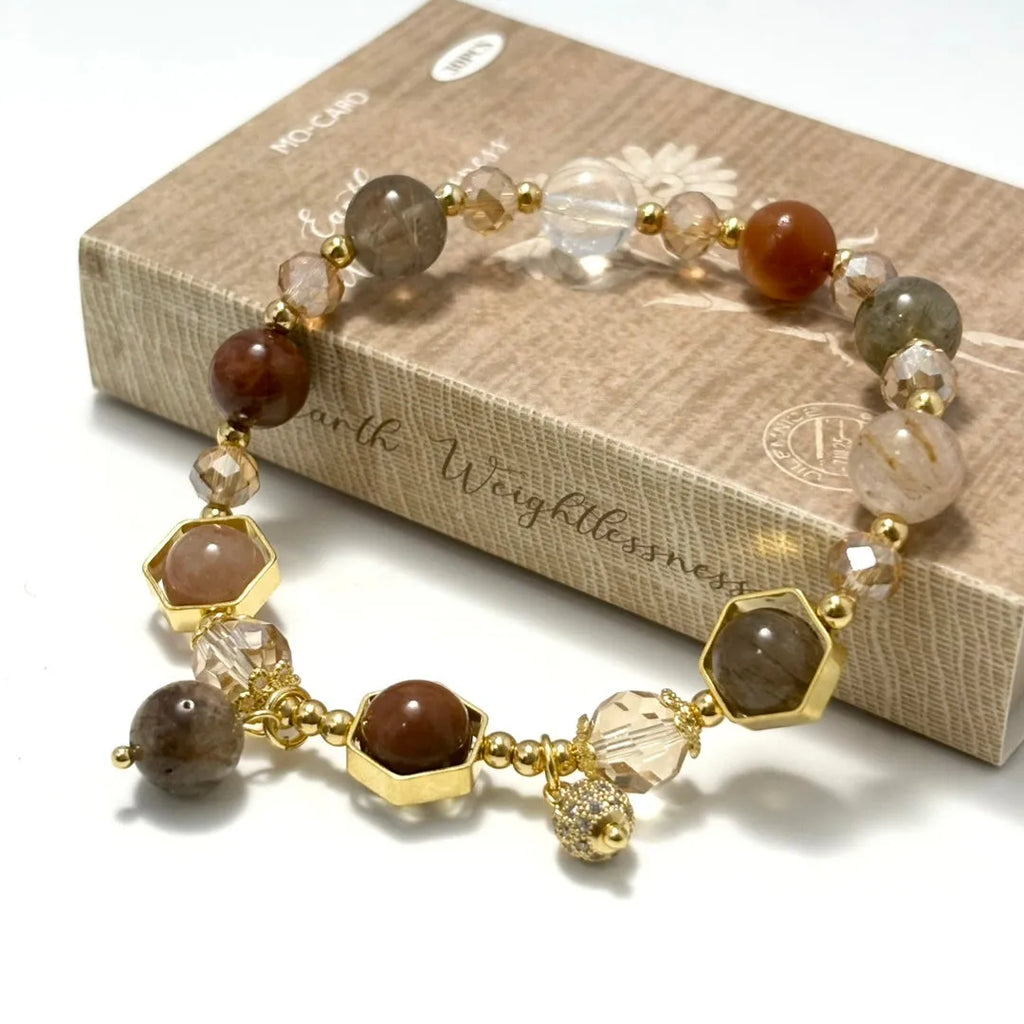 Gold luxury citrine bracelet with 8mm crystal beads and Chinese auspicious symbols including Fu character
