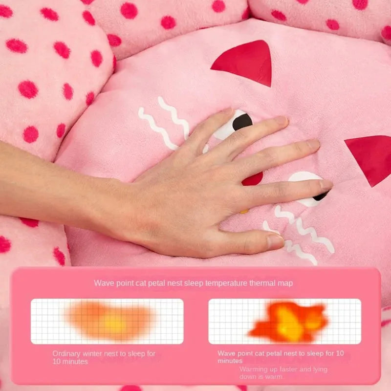 Pink dot pattern fabric cat bed shown in two circular sizes, 45cm and 65cm diameter.