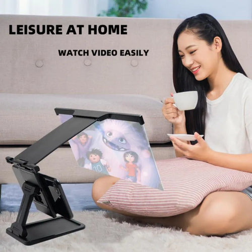 Black 12-inch mobile phone screen amplifier with detachable magnifier and phone holder in folded position