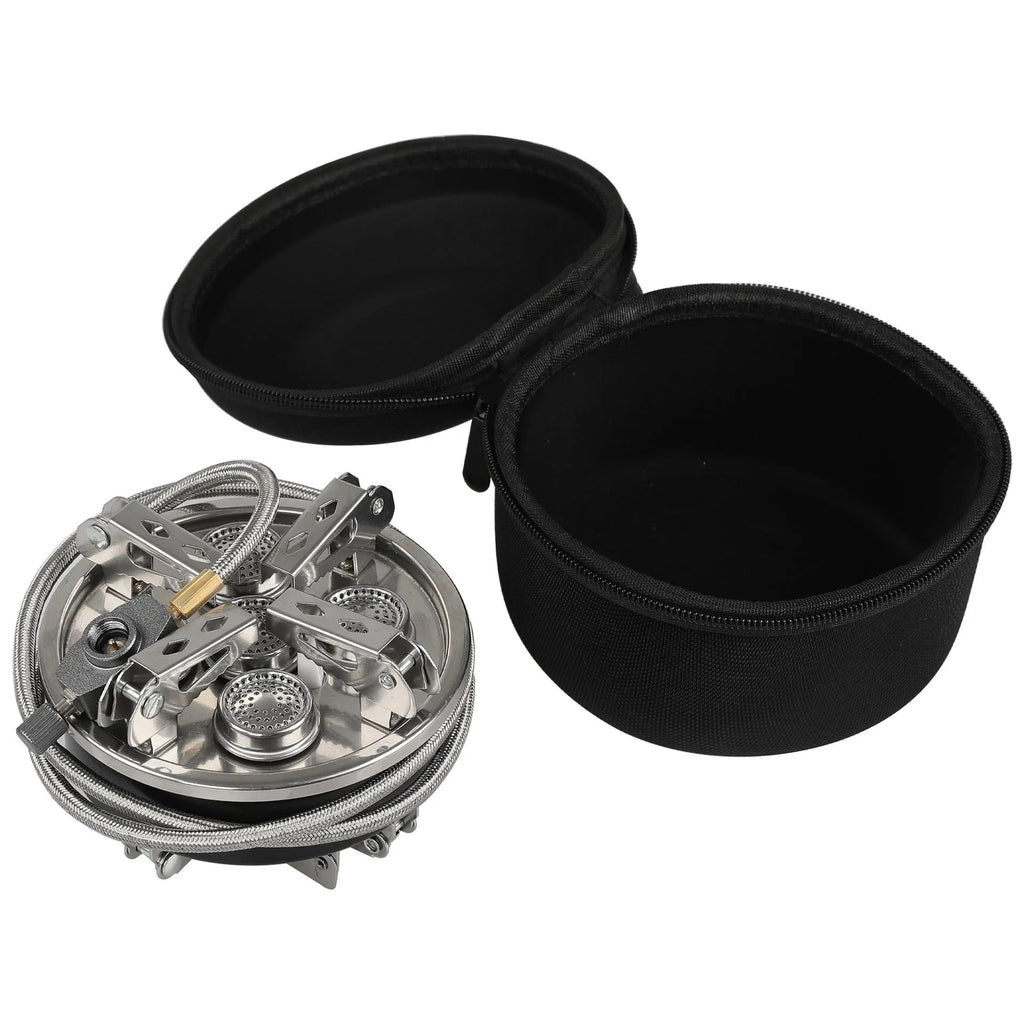 Silver foldable stainless steel split stove with 100cm hose, packed size 155x125mm
