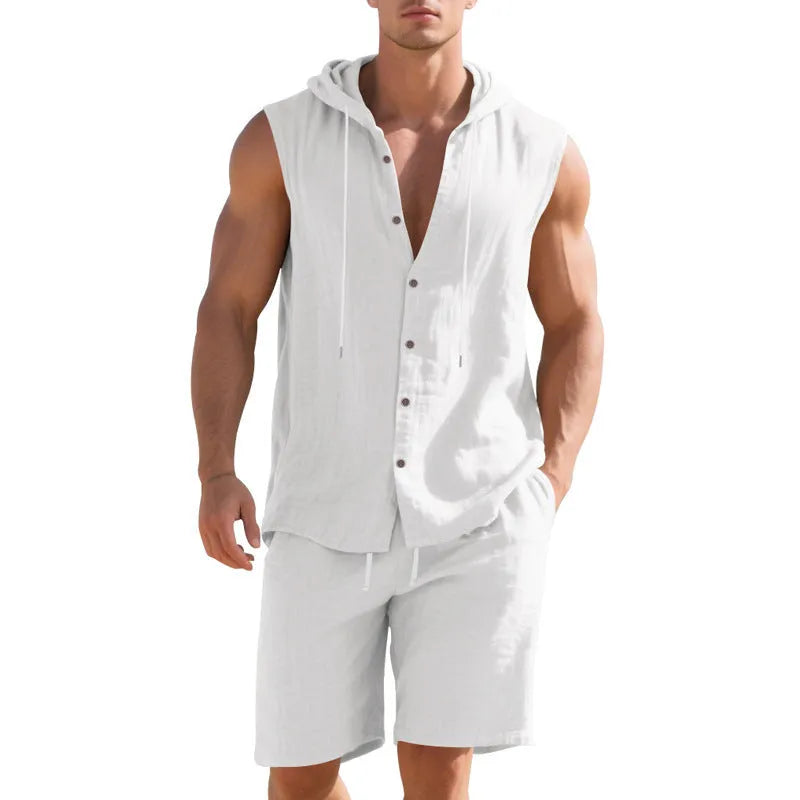 Men's sleeveless linen shirt and matching shorts suit set in Army Green colour