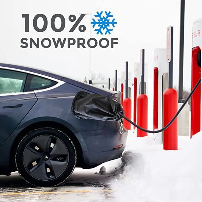 Grey waterproof drawstring bag cover for electric vehicle charging connector.