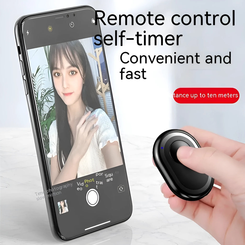 Bluetooth remote control for smartphones with self-timer, showing black, pink and purple colour options