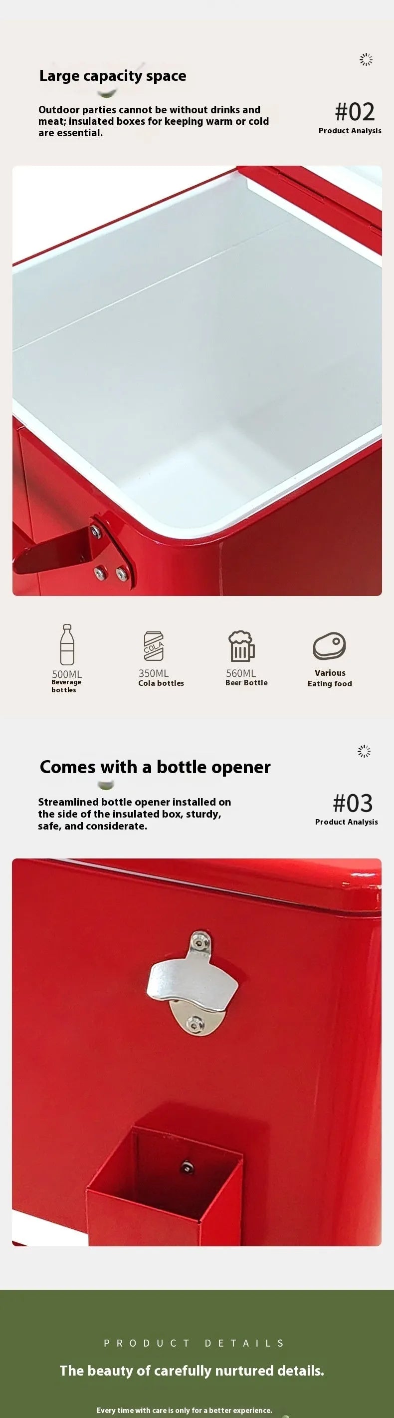 Red outdoor metal insulated trolley cart with 750ml capacity for picnics.