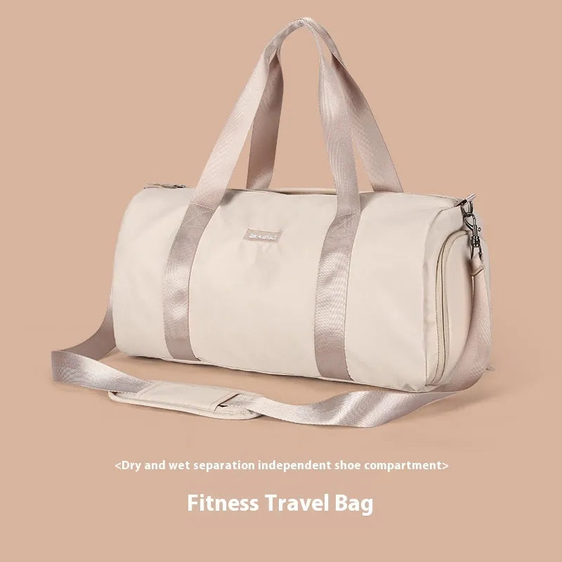 Beige nylon sports rucksack with contrast colour design and letter pattern showing interior