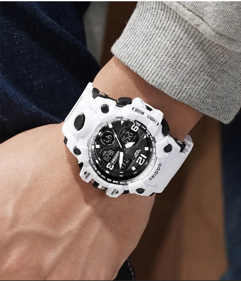 Electronic dual display sports watch with plastic case, 50m water resistance, in black, red, white, or transparent white.
