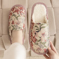 Cotton slippers with linen surface in floral patterns, showing PVC sole and colour options