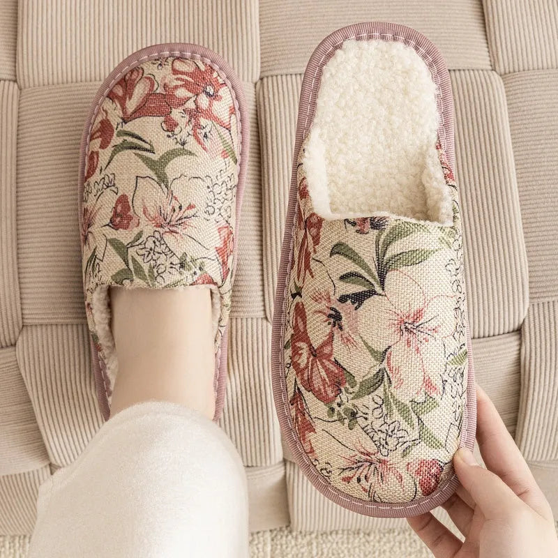 Cotton slippers with linen surface in floral patterns, showing PVC sole and colour options