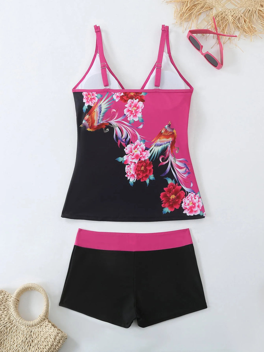 Plus size women's swimsuit in black or rose red with brief style and cotton lining