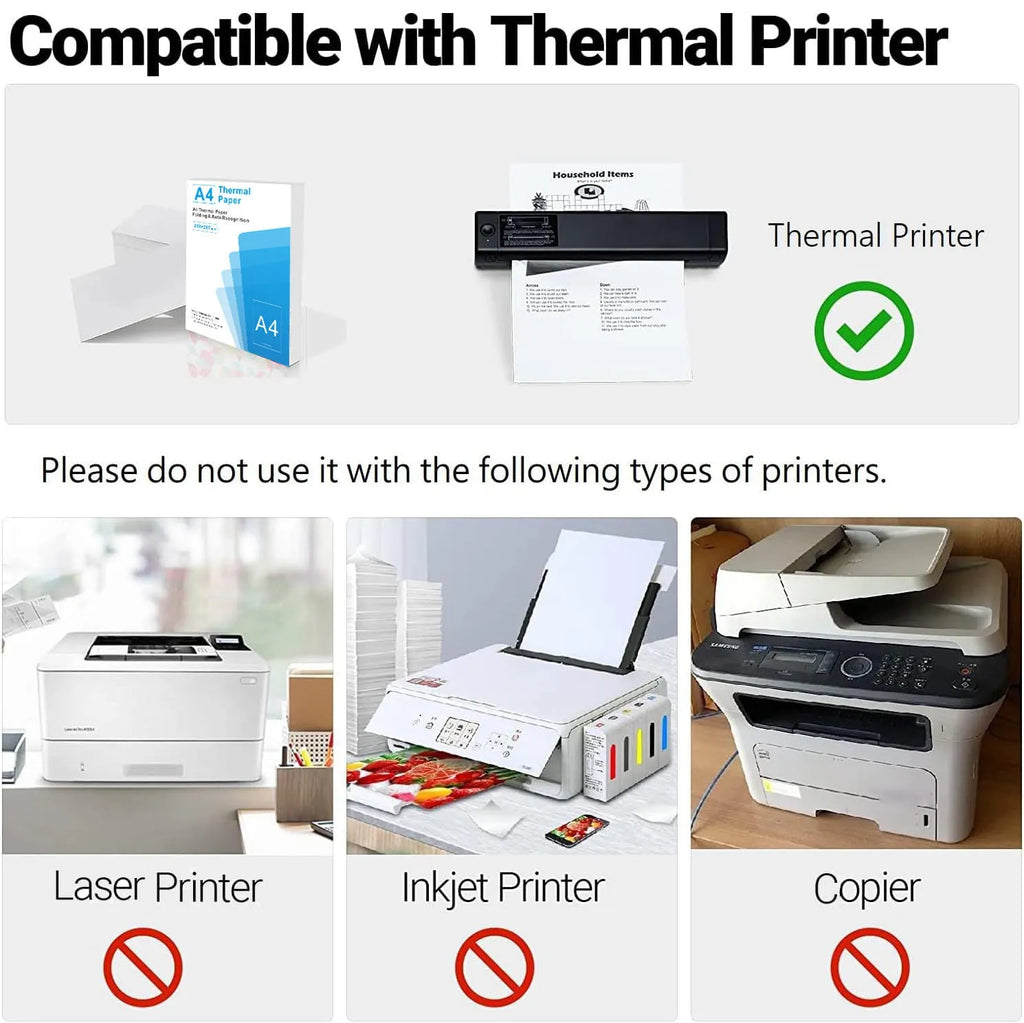 White portable A4 thermal printer for HD printing with 0.01mm thickness, shown with quick-drying paper