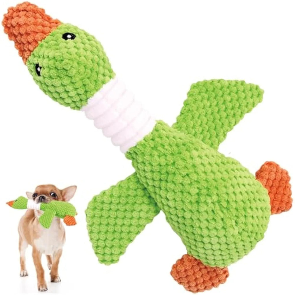 Blue plush duck dog toy with two squeakers, measuring 33cm by 10cm, for chew and tug play