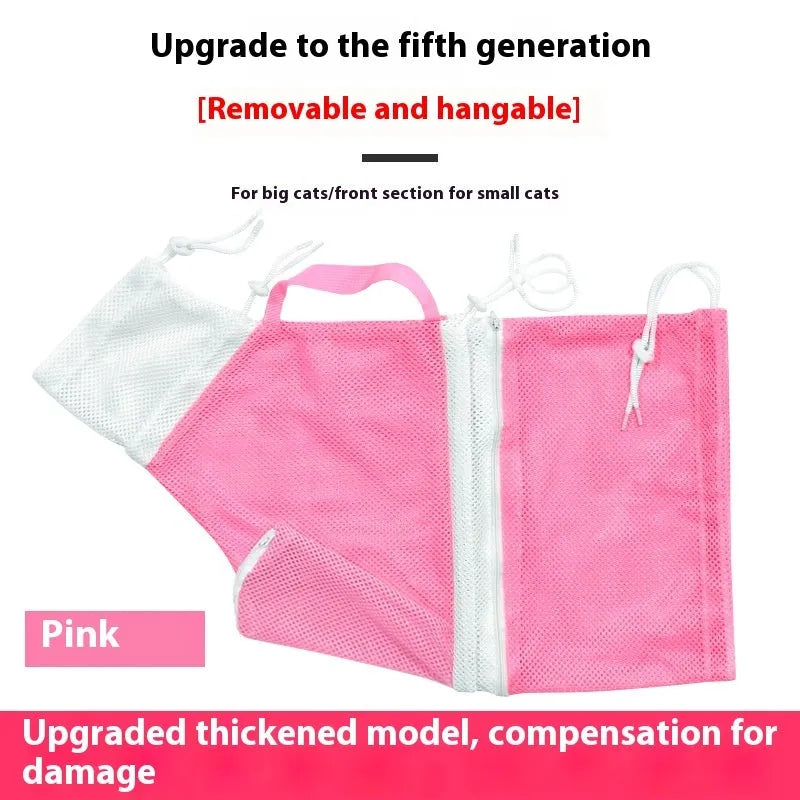 Upgraded 5th generation cat grooming bag in pink and white, showing detachable design and lifting handles