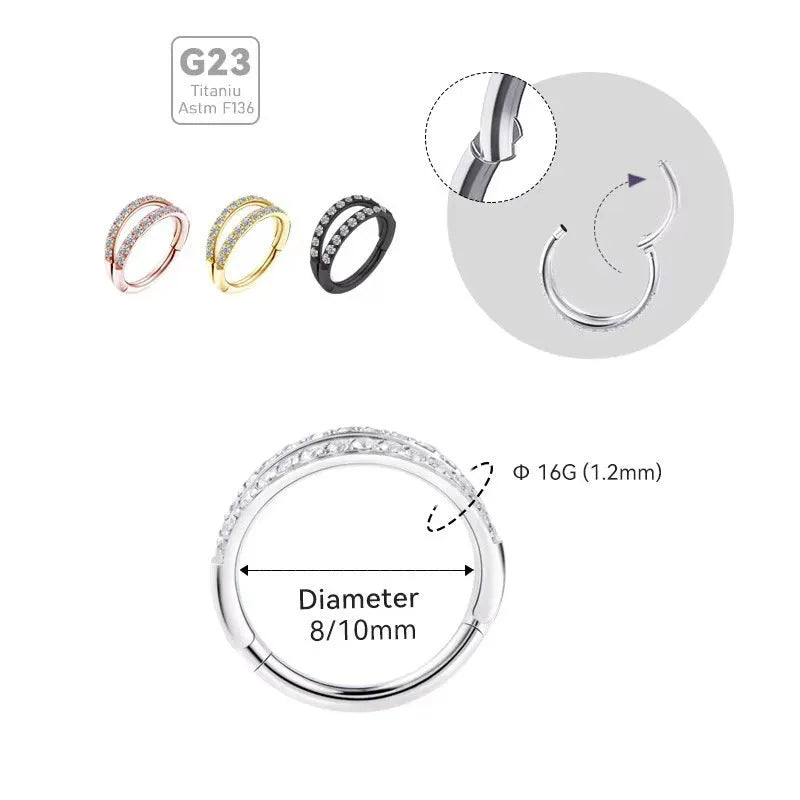 G23 titanium alloy nose ring with diamond treatment in steel or gold colour, showing 1.0mm and 1.2mm diameter options