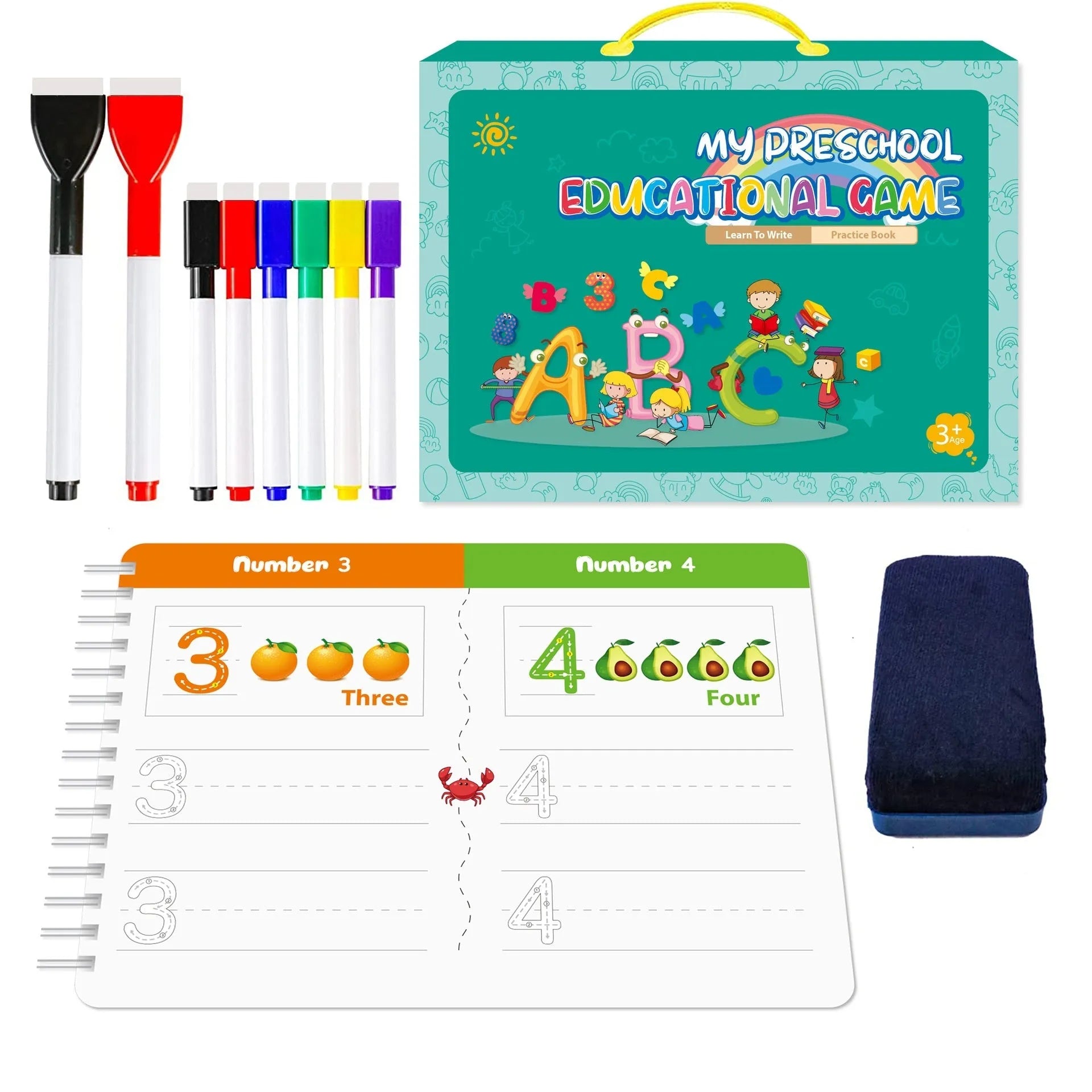 Montessori children's handwriting practice book set with erasable pens and reward stickers in gift box