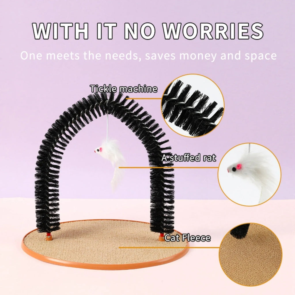 Black arch-shaped cat scratching brush with mouse toy attachment on non-slip base