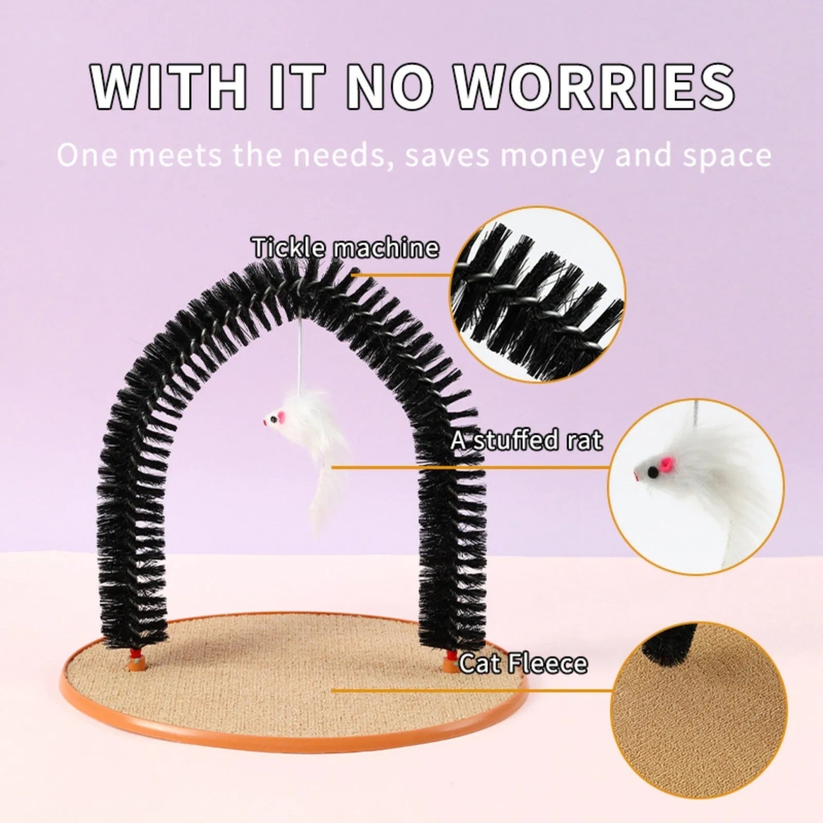 Black arch-shaped cat scratching brush with mouse toy attachment on non-slip base