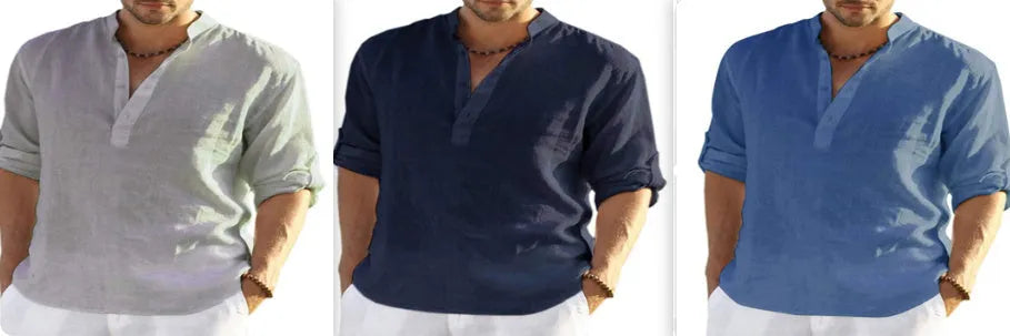 Men's cotton linen long sleeve shirt in solid colour with stand collar and roll-up sleeves
