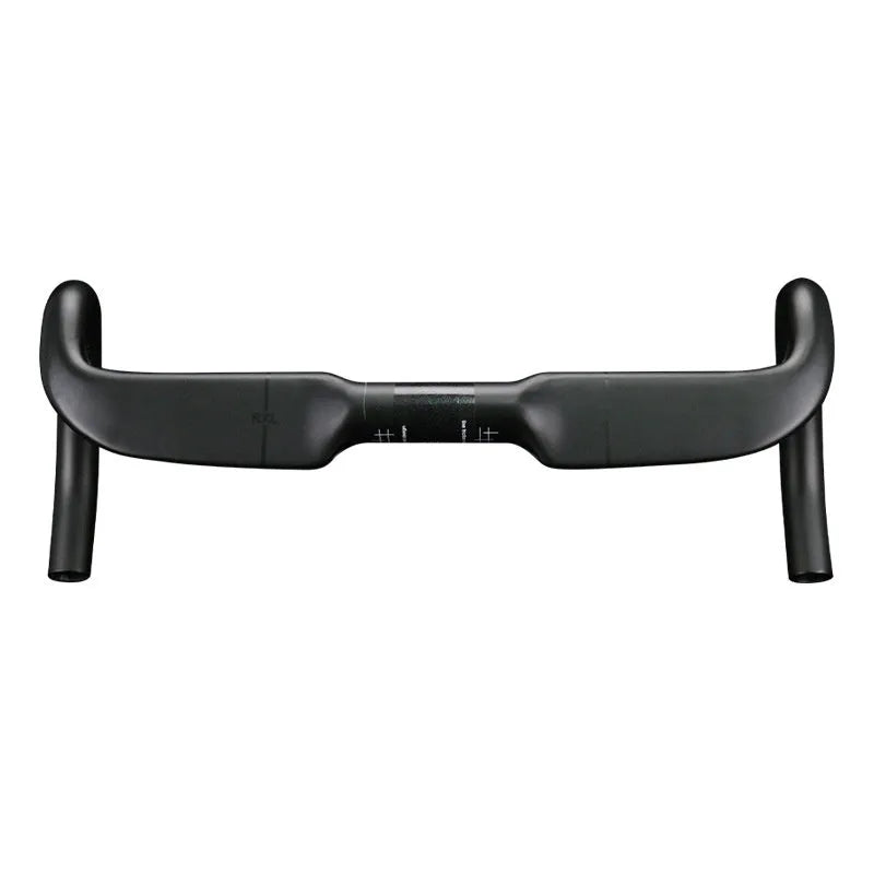 Carbon fibre road bicycle handlebar with double line graphic in black, shown from above.