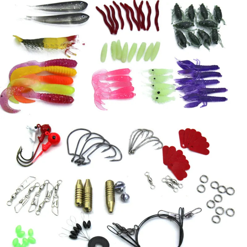 132-piece fishing lure set with rose red soft baits and high-carbon steel hooks in compact 21cm case