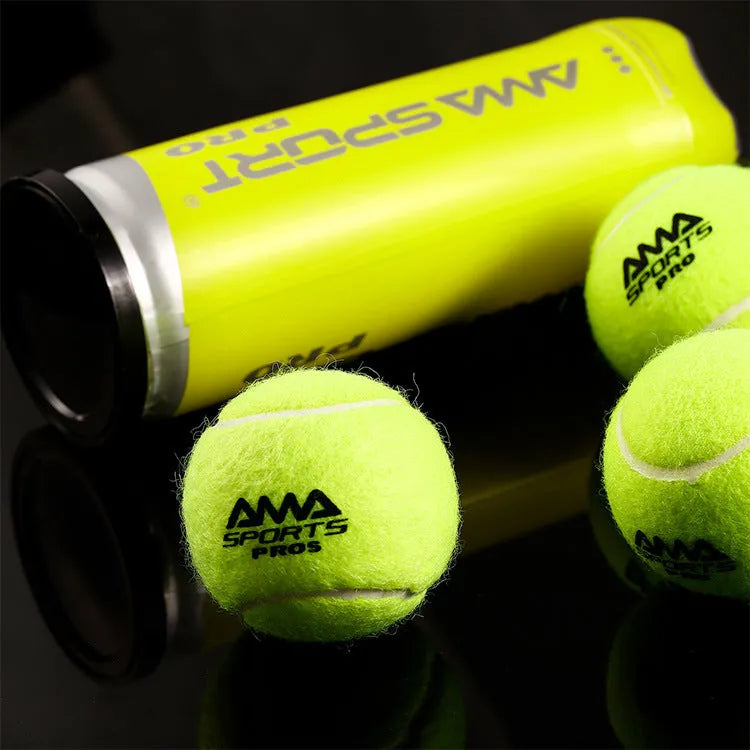 Three cage plate tennis training balls in black, green, and yellow colours for high elasticity durable practice.