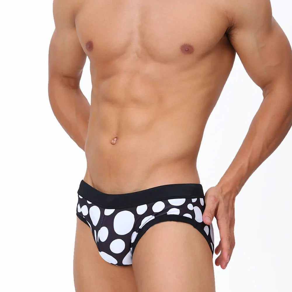 Men's triangle swimming trunks with cups, polyester, black or red ribbon cup design, sizes M to XXL