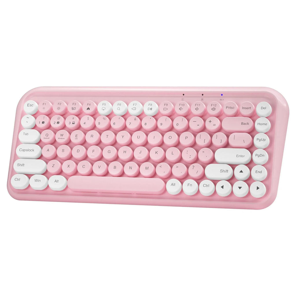 Pink wireless Bluetooth keyboard with 84 keys measuring 339mm wide, featuring crater architecture buttons for quiet typing