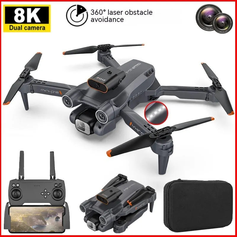 Black and orange quadcopter with HD camera, folded to 4.5 cm size, showing remote control and spare blades