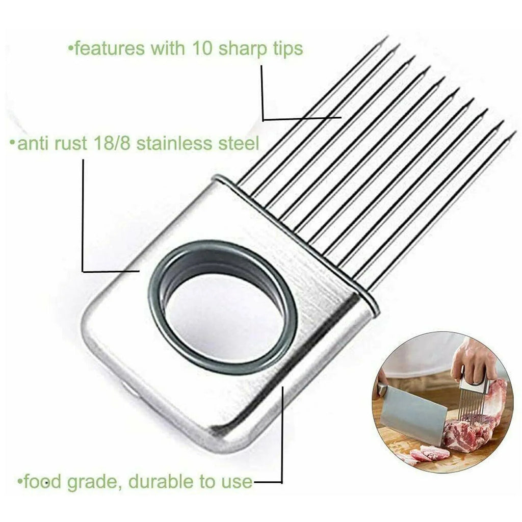 Stainless steel onion holder slicer with sharp prongs and a red finger guard on a kitchen counter.