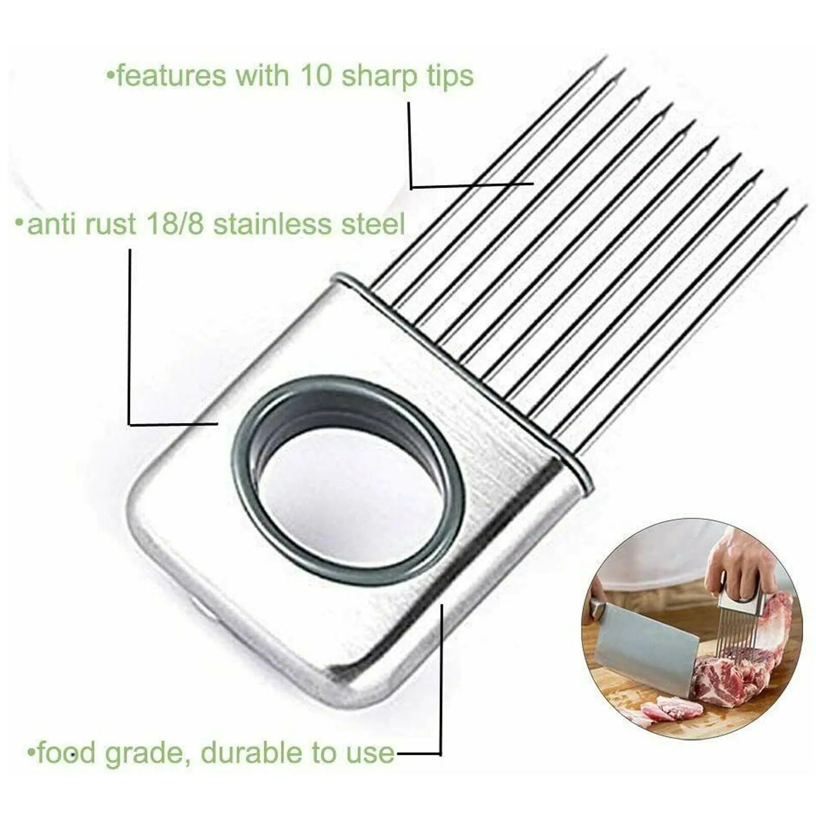 Stainless steel onion holder slicer with sharp prongs and a red finger guard on a kitchen counter.