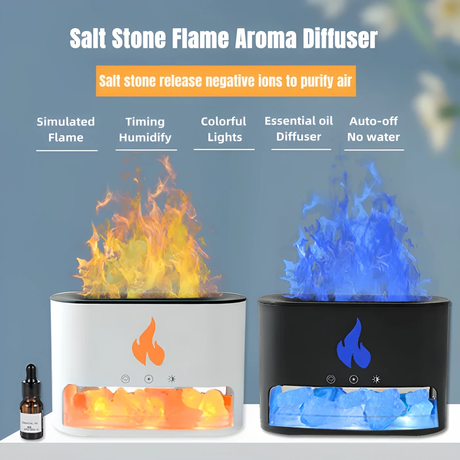 Square white flame effect humidifier and aromatherapy diffuser with coloured 3D light on a desk.