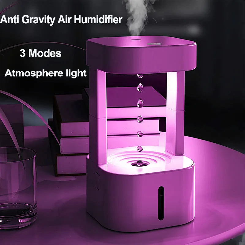 White anti-gravity water drop humidifier with floating droplets illusion and USB cable