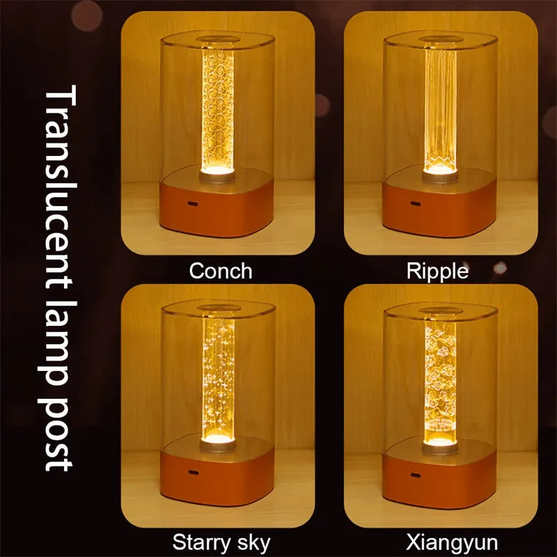 Rose gold touch-control LED bedside lamp with decorative conch pattern and USB charging cable