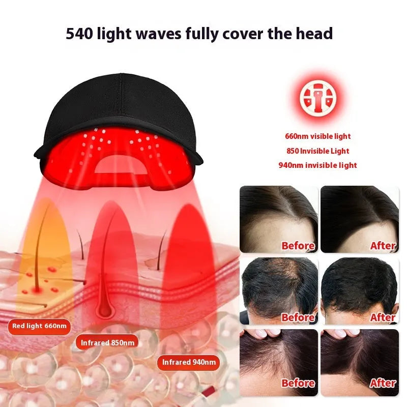 Black infrared peaked cap with 180 LED red lights for hair growth therapy, includes controller