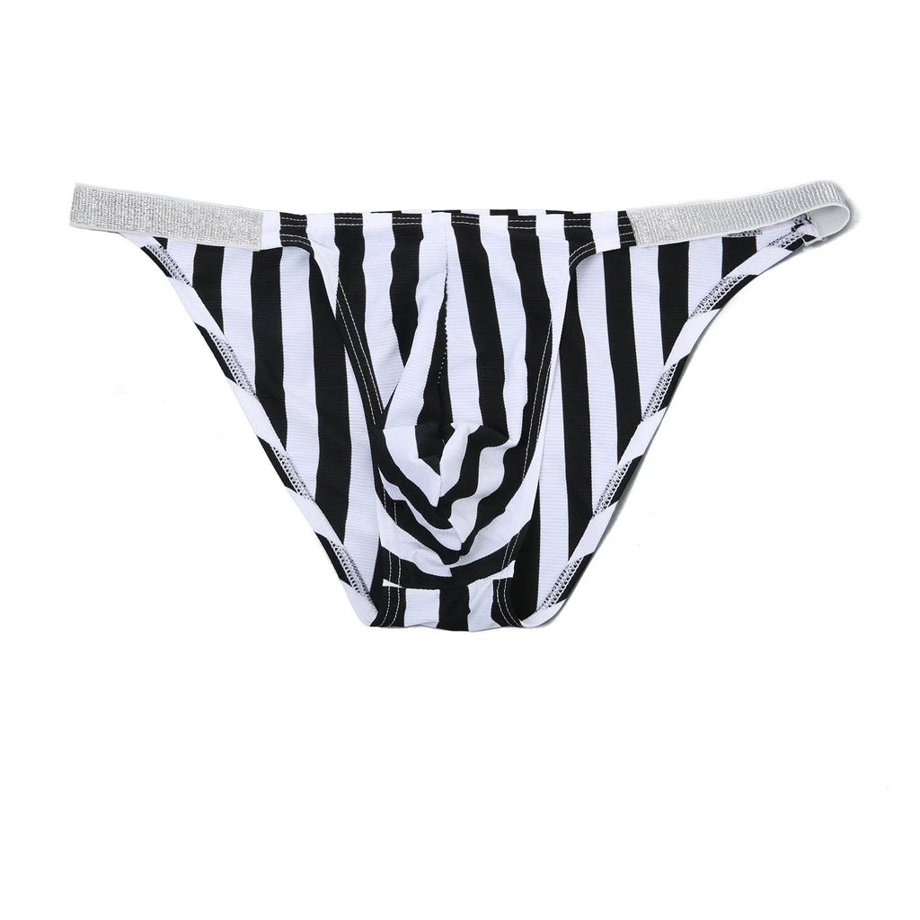 Men's shiny nylon briefs with zebra stripe pattern and U pouch design.