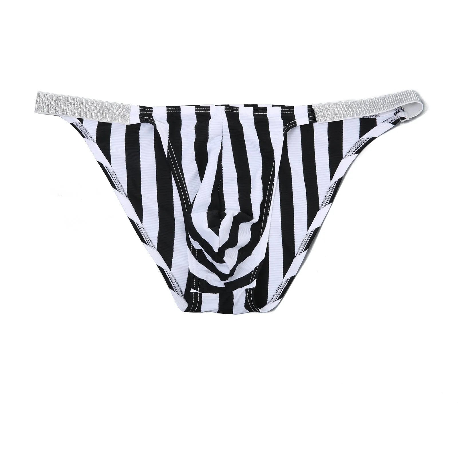 Men's shiny nylon briefs with zebra stripe pattern and U pouch design.