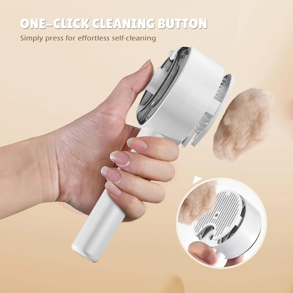 Pink and white cat steam brush with transparent water tank and stainless steel bristles for pet grooming