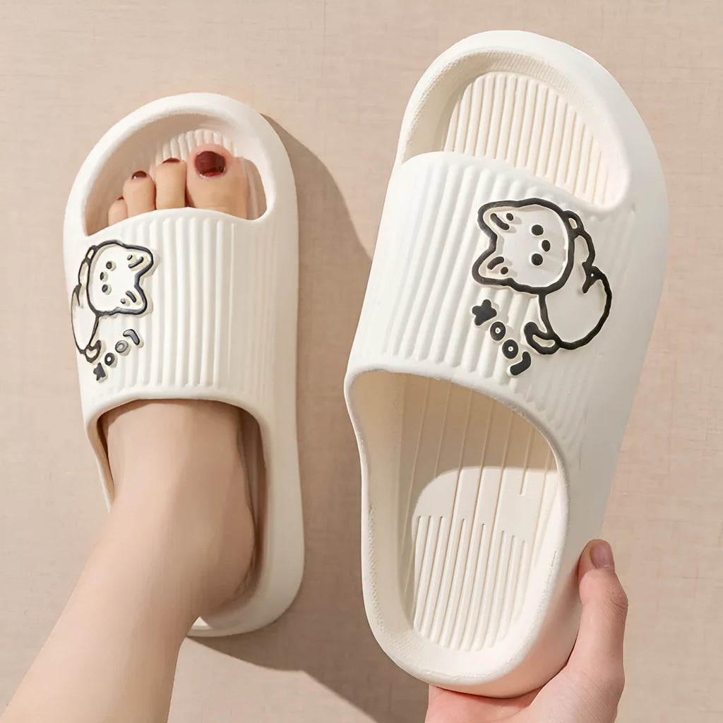 Green cat-themed thick platform sliders with a non-slip EVA sole on a white background.