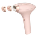 Pink and white IPL laser hair removal device with cooling system, charging cable, shaver, and safety glasses