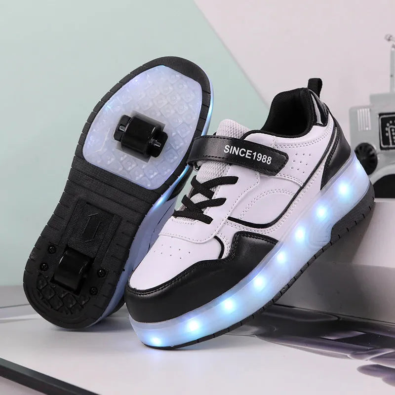 Children's pink and white roller skates with bright LED flashing wheels on a blue background.