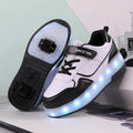 Children's pink and white roller skates with bright LED flashing wheels on a blue background.