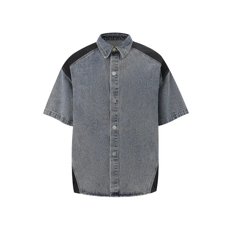 Retro washed denim suit set with short-sleeved jacket and trousers in black or blue, 100% Vinylon fabric